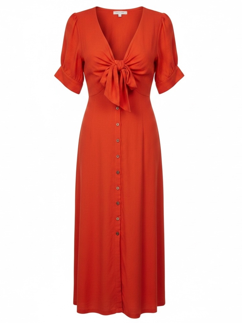 Free People Women's Tie Front V-Neck Bright Orange Linen Blend MIDI Dress Boho M - Picture 7 of 12